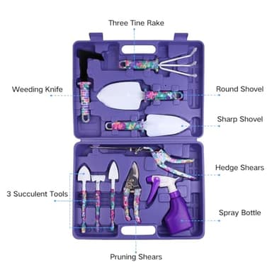 Garden Tools Set, JUMPHIGH 10 Pieces Gardening Tools with Floral Print, Ergonomic Handle Trowel Rake Weeder Pruner Shears Sprayer, Garden Hand Tools with Carrying Case Gardening Gifts for Women Father - Image 2
