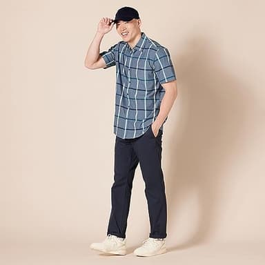 Amazon Essentials Men's Regular-Fit Short-Sleeve Poplin Shirt, Denim Large Plaid, X-Large - Image 5