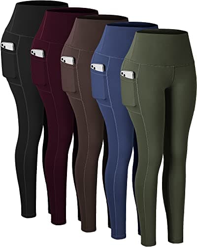 CHRLEISURE Leggings with Pockets for Women, High Waisted Tummy Control Workout Yoga Pants(5 Packs Black,Navy,Brown,Cassis,Green, L) - Image 1