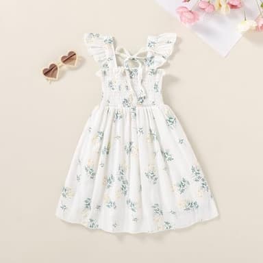 JEELLIGULAR Toddler Dress Ruffle Sleeveless Button Down Denim Dress for Toddler Girl Dress Summer Beach Casual A-line Sundress(White Retro Floral Pattern,3-4T) - Image 3