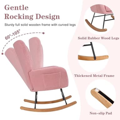 VECELO Rocking Chair Nursery with Thick Headrest, Modern Teddy Upholstered Reading Glider Rocker Accent Armchair with High Backrest, Padded Seat, Side Pocket, for LivingRoom, Bedroom, Baby Room, Pink - Image 6
