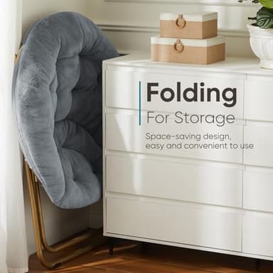 DUMOS Comfy Saucer Chairs Cozy Faux Fur Soft Lounge Cute Folding Bedroom Living Room Seat Flexible Reading Foldable Seating for Kids Adults Thick Padded Metal Frame Modern for Home Office Classic Gray - Image 4