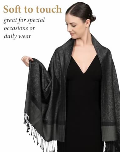 Achillea Women's Two Tone Vintage Jacquard Paisley Pashmina Shawl Wrap Scarf (Charcoal Gray) - Image 2