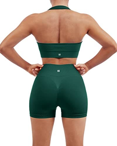 SUUKSESS Women Two Piece Seamless Ribbed Workout Sets Outfits Backless Halter Sports Bra Booty Biker Shorts (Dark Green, S) - Image 1
