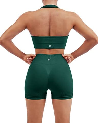 SUUKSESS Women Two Piece Seamless Ribbed Workout Sets Outfits Backless Halter Sports Bra Booty Biker Shorts (Dark Green, S) - Image 1