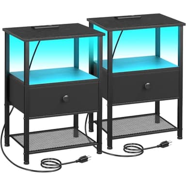 LOAKEKEL Night Stand Set 2, LED Nightstand with Charging Station, End Tables Living Room with Fabric Drawer, Small Side Tables for Bedroom, Small Space, Black, HETS01BK - Image 1