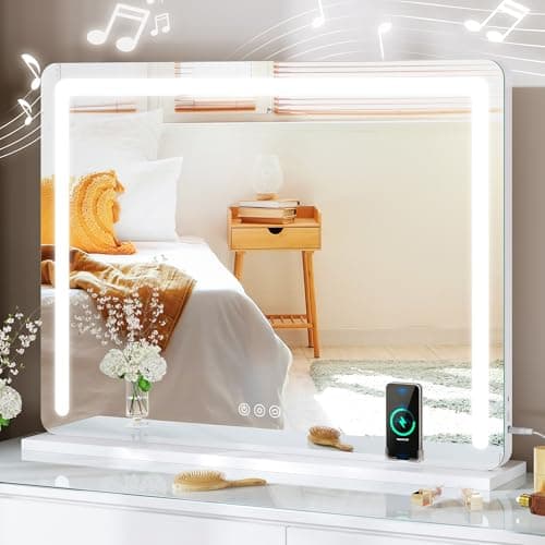 YITAHOME Vanity Mirror with Lights 32"x24" LED Lighted Makeup Mirror, Large Makeup Mirror with Lights, Touch Screen with 3-Color Lighting, Led Mirror Makeup, Dimmable, Wireless Charger, Speaker - Image 1