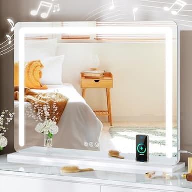 YITAHOME Vanity Mirror with Lights 32"x24" LED Lighted Makeup Mirror, Large Makeup Mirror with Lights, Touch Screen with 3-Color Lighting, Led Mirror Makeup, Dimmable, Wireless Charger, Speaker - Image 1