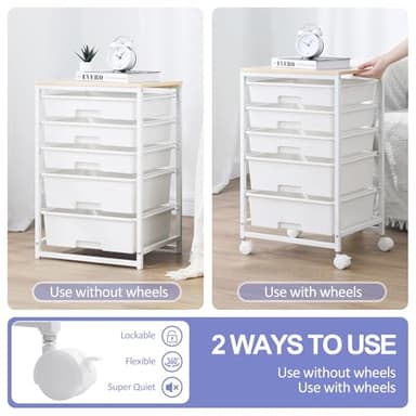 SYKIARIOL Utility Cart with 5 Drawers,Storage Drawer Cart with Wooden Tabletop and Lockable Wheels,Craft Storage Trolley Cart,5-Tier Rolling Utility Cart on Wheels,Bright White - Image 7