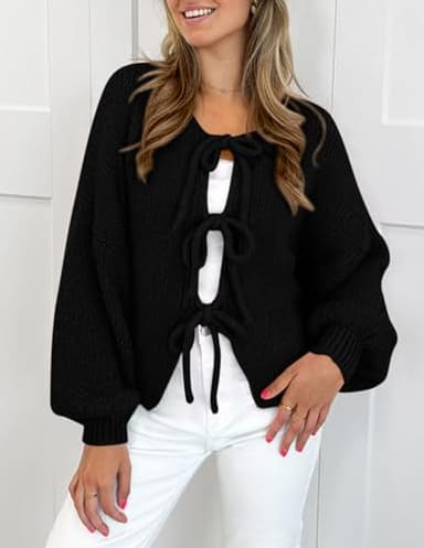 PRETTYGARDEN Women's Tie Front Bow Cardigan Sweaters Chunky Knit Long Puff Sleeve Trendy Fall Winter Jacket Coats (Black,X-Large) - Image 3