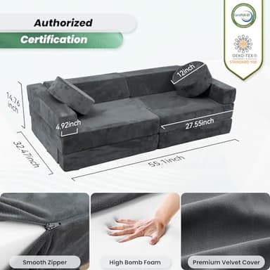 HOMFINE 16pcs Modular Kids Play Couch, Kids Toddler Couch, Child Sectional Sofa, Versatile Kid Sofa for Playroom Bedroom, Convertible Foam and Floor Cushion for Boys and Girls, Dark Grey - Image 2