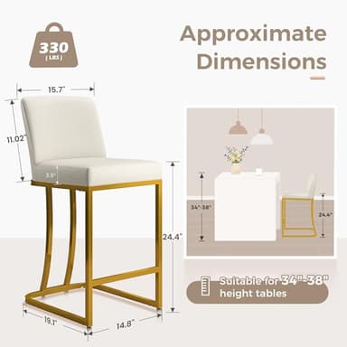 MAISON ARTS Off White & Gold Counter Height Bar Stools with Back Set of 4 for Kitchen Counter 24 Inch Modern Upholstered Faux Leather Barstools Farmhouse Bar Chairs Luxury Island Stools Support 330LBS - Image 2