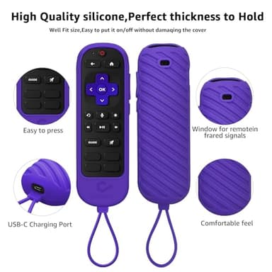 [2 Pack] Climberer Roku Ultra 2024 Silicone Cover Case with Integrated Lanyard - Compatible with Roku Rechargeable Voice Remote Pro (2nd Ed) #RCB1R (Black + Purple) - Image 3