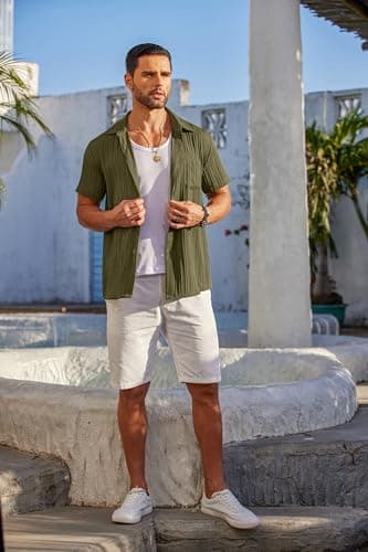 COOFANDY Mens Summer Shirts Short Sleeve Casual Linen Shirts for Men Hawaiian Beach Shirt Army Green - Image 3