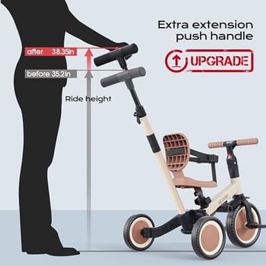 newyoo Toddler Tricycle with Push Handle for 1-3 Year Old, Toddler Bike, Birthday Gift and Toy for Boys and Girls, 5 in 1 Kids Trike, Balance Bike with Backrest and Safety Belt, Khaki, TR007 - Image 5