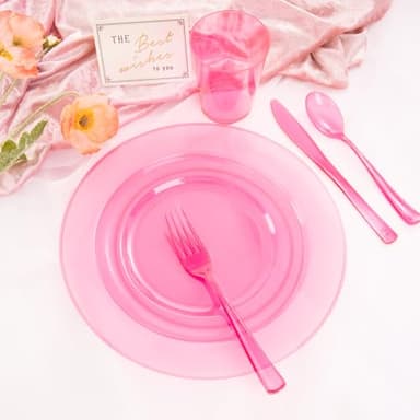 WDF 25 Guest Pink Plates with Pink Plastic Silverware&Pink Cups-Neon Clear Disposable Dinnerware include 50 Plates,25Forks, 25 Knives, 25 Spoons,25 Plastic Cups for Party and Baby Shower - Image 4