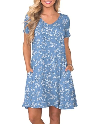 lionstill Women's Casual T Shirt Dress Summer Fashion Short Sleeve Swing Floral Dresses with Pockets, Lb White Floral L - Image 1