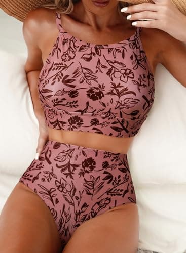 Herseas Womens Pink Bikini Sets High Round Neck Tropical Leaf Print High Waisted Two Pieces Swimsuits Crop Padded Top Modest Bottom Bathing Suits X-Large - Image 3