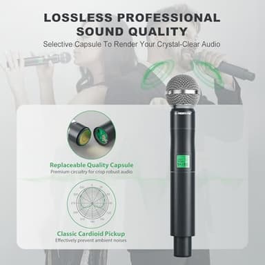 Phenyx Pro Wireless Microphone System, 4-Channel UHF Wireless Mic, Fixed Frequency Metal Cordless Mic with 4 Handheld Dynamic Microphones, 260ft Range, Mics for Singing, Church(PTU-5000-4H) - Image 2