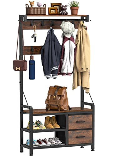 Lulive Hall Tree, 31.5” Entryway Bench with Coat Rack freestanding, 5 in 1 Intelligent Design Shoe Bench and Wall Rack 17 Hooks and Drawers (Rustic Brown) - Image 1
