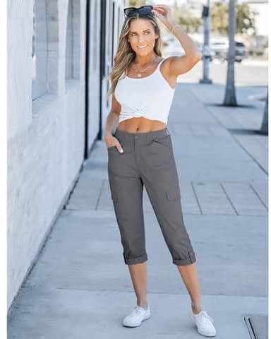 GRAPENT Womens Summer Outfits Elastic Waist Pants for Women Women Pants Casual Women’S Capris Grey Cargo Pants Woman Travel Utility Cargos High Waisted Color Dark Gray Large Size 12 Size 14 - Image 5