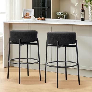 SoarFlash Modern Rotatable Bar Stools Set of 2, 30" Sherpa Swivel Counter Height Stools with Round Soft Padded Boucle Backless Seat, Black - Image 3