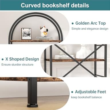 Shintenchi Bookshelf, Arched Bookshelf 5 Tier Bookcase, Tall Shelf for CDs/Books, Home Office Shelf Storage Organizer, Modern Book Shelf for Bedroom/Living Room, Rustic Brown - Image 4