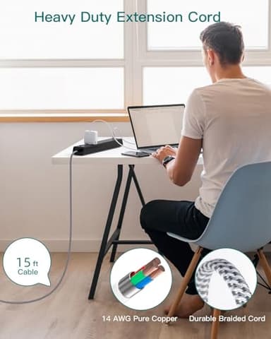 Surge Protector Power Strip 15 Ft Cord, Ultra Thin Flat Extension Cord with 6 Outlets 4 USB Ports(2 USB C), Flat Plug Power Strip, 15 Ft Long Power Cord, Home Office College Dorm Room Essentials - Image 7