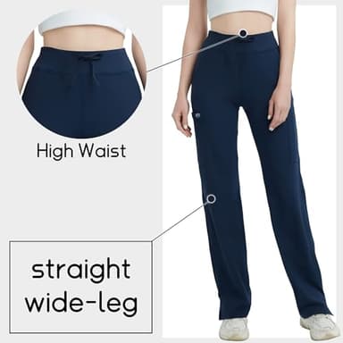 QBK High Rise Yoga Scrub Pants Women - Straight Wide Leg Uniform Pants with Cargo Pocket, Anti-Wrinkle & Knit Yoga Waistband (Regular, Navy, M) - Image 3