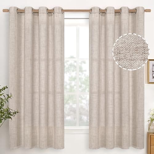 YoungsTex Linen Semi Sheer Curtains 63 Inch Length 2 Panels for Living Room - Light Filtering Drapes with Bronze Grommet Beige Window Treatments for Country Office Bedroom, 52 X 63 Inch - Image 1