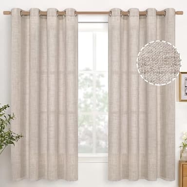 YoungsTex Linen Semi Sheer Curtains 63 Inch Length 2 Panels for Living Room - Light Filtering Drapes with Bronze Grommet Beige Window Treatments for Country Office Bedroom, 52 X 63 Inch - Image 1
