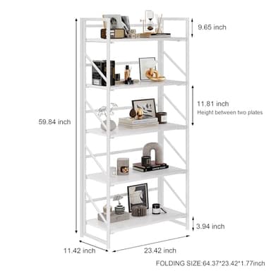 JSB No Assembly Folding Bookshelf, 5 Tier Industrial Metal Book Shelf for Storage, Vintage Wood Foldable Bookcase for Living Room, Bedroom, Office Organization Shelves - Image 3