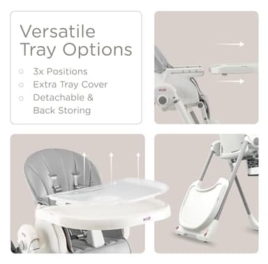 KÜB 3-in-1 Foldable Baby High Chair | Multifunctional Infant High Chairs for Babies and Toddlers | Removable Seat & Tray Easy Clean | 7 Height & 4 Recline Adjustable | 2 Locking Wheels (Grey) - Image 6