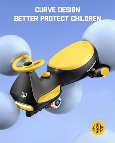 FanttikRide N7 Classic Electric Wiggle Car with Pedal, Rechargeable Battery, Ride on Toys, Swing Car, 2 Speeds, Anti-Rollover, Flashing Light Wheels, Bluetooth, for Ages 3 and Up, 150 Lbs, Yellow - Image 7