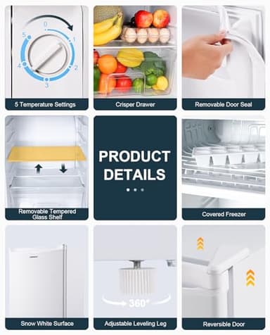 Upstreman 3.2 Cu.Ft Mini Fridge with Freezer, Single Door Mini Fridge, Dorm Fridge, Adjustable Thermostat, Mini Refrigerator for Dorm, Office, Bedroom, White-BR321 - Image 4