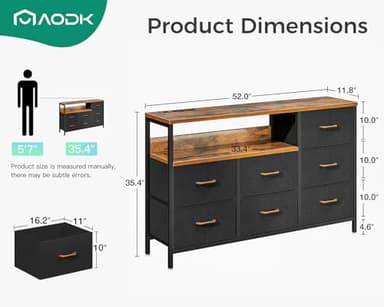 AODK Dresser with Charging Station, 52-Inch Long Dressers for Bedroom with 7 Large Fabric Drawers, Dresser TV Stand with Open Shelves for 55-Inch TV, Vintage - Image 3