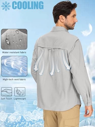 linlon Mens Safari Shirts Long Sleeve UV Protection Hiking Fishing UPF 50+ Quick Dry Cooling Camping Travel Shirts#5066-Light Grey-M - Image 2