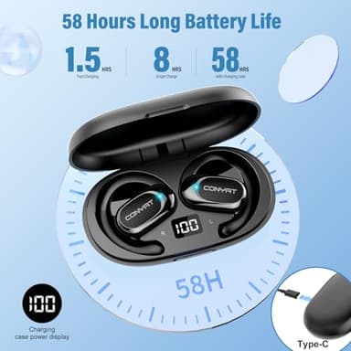 Conyat Open Ear Headphones, Wireless Bluetooth 5.4 Earbuds with Big Earhooks, Ultra-Comfort Open Ear Earbuds, 58 Hours HD Stereo Sound Over Ear Earphones, IP7 Waterproof Headset for Workouts, Black - Image 3