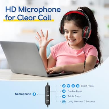 EarFun Kids Headphones Wired with Microphone, 85/94dB Volume Limit Headphones for Kids, Portable Wired Headphone with Shareport, Stereo Sound Foldable Headset for School/Tablet/iPad/Kindle, Black Red - Image 2