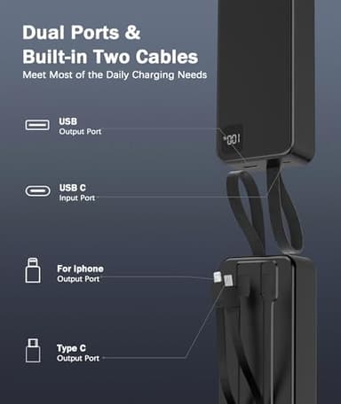 Portable Charger 30000mAh Power Bank -Portable Battery with 2 Built in Cables PD QC4.0 22.5W Fast Charging Battery Pack Phone Charger for iPhone 15 14 13 Samsung Galaxy iPad etc (1 Pack, Black) - Image 5