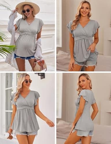 Ekouaer Maternity Shirts 3 Packs Flying Short Sleeve Nursing Tops Pregnancy Clothes Light Grey + Black + Pink XXL - Image 5