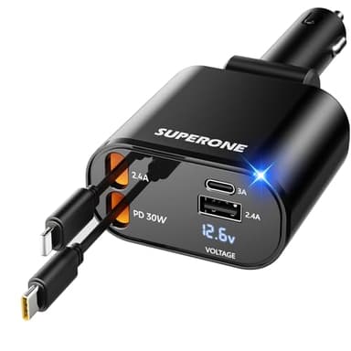 【Upgraded】 SUPERONE Retractable Car Charger 4 in 1, Fast Car Phone Charger with Cord 2.6ft, USB C and Apple Car Adapter, Compatible with iPhone 17 16 15/15 Pro Max/14/13/12/11, Galaxy, Pixel - Image 1