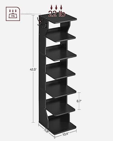 VASAGLE 7-Tier Vertical Shoe Rack, Narrow Shoe Storage Organizer with Hooks, Slim Corner Tower Shelf, Space-Saving for Entryway and Bedroom, Black ULBS200T16 - Image 7