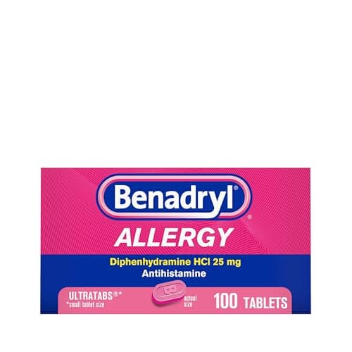 Benadryl Ultratabs Allergy Medicine, 25 mg Diphenhydramine HCl Antihistamine Tablets For Cold & Allergy Relief of Symptoms Like Sneezing, Runny Nose, Itchy Eyes & Throat, Hay Fever, 100 Count Tablets - Image 1
