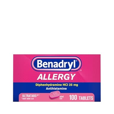 Benadryl Ultratabs Allergy Medicine, 25 mg Diphenhydramine HCl Antihistamine Tablets For Cold & Allergy Relief of Symptoms Like Sneezing, Runny Nose, Itchy Eyes & Throat, Hay Fever, 100 Count Tablets - Image 1