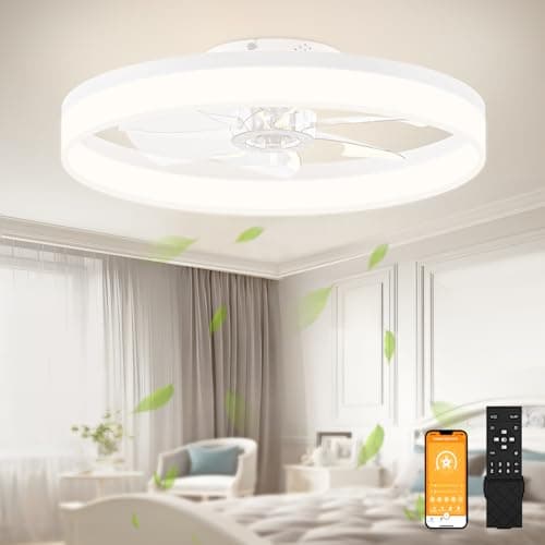 VOLISUN Low Profile Ceiling Fans with Lights and Remote, 23.6in Flush Mount Ceiling Fans with Light, 3000K-6500K Dimmable Fandelier LED Fan Lights, Bladeless Ceiling Fan with Light for Bedroom(White) - Image 1