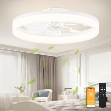 VOLISUN Low Profile Ceiling Fans with Lights and Remote, 23.6in Flush Mount Ceiling Fans with Light, 3000K-6500K Dimmable Fandelier LED Fan Lights, Bladeless Ceiling Fan with Light for Bedroom(White) - Image 1
