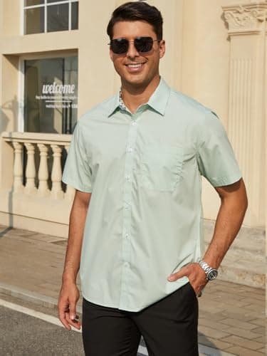 HISDERN Mens Dress Shirts Short Sleeve Mint Green Casual Button Down Shirts with Pocket Summer Fashion Inner Contrast Shirts for Men Business Formal - Image 3