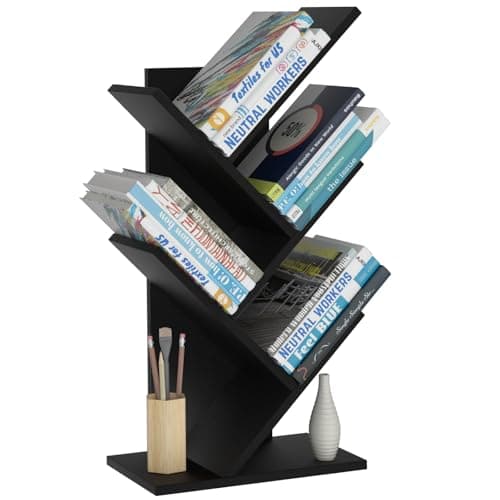 SHEEPAM 5 Tier Tree Book Shelf, Small Desktop Bookshelf with Storage Organizer, Wood Bookcase, Desk Display Bookshelves, Floor Standing Organizer Bookcases for Living Room,Bedroom,Office-Black - Image 1