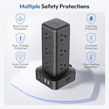 NTONPOWER Power Strip Tower, 1080J Surge Protector, 12 Outlets & 4 USB (2 USB C), 10 Ft Flat Plug Extension Cord, 1625W/13A Overload Protection, Compact for Home Office Dorm - Image 8